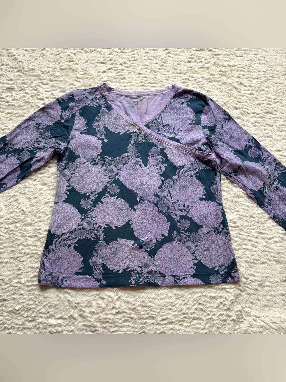 Garnet Hill Asian Wrap Pajama Top S Purple Floral Organic Cotton Sleep Lounge